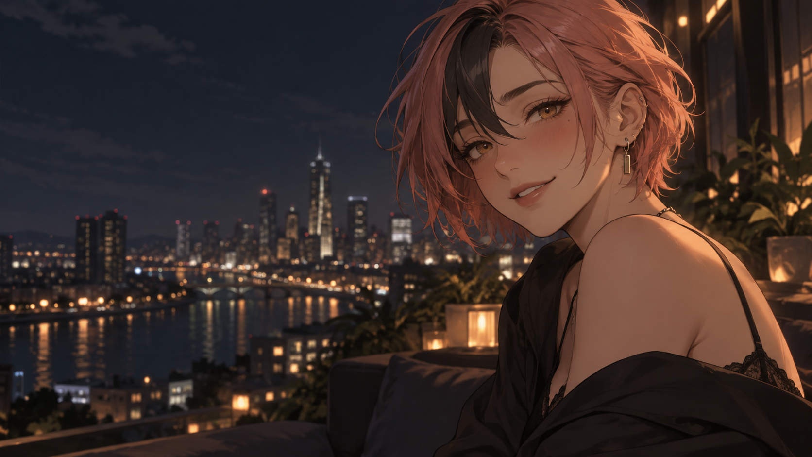 An illustrated coral-haired woman turns toward you on a rooftop overlooking a city at night.