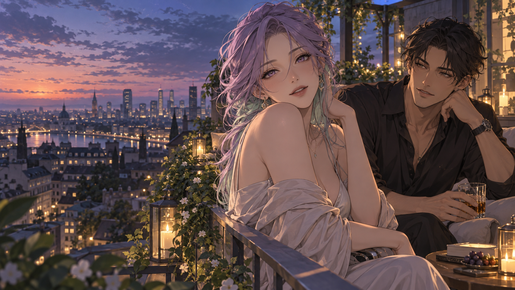 Two illustrated adult characters, a lavender-haired woman and a dark-haired man, share a rooftop evening above the city.
